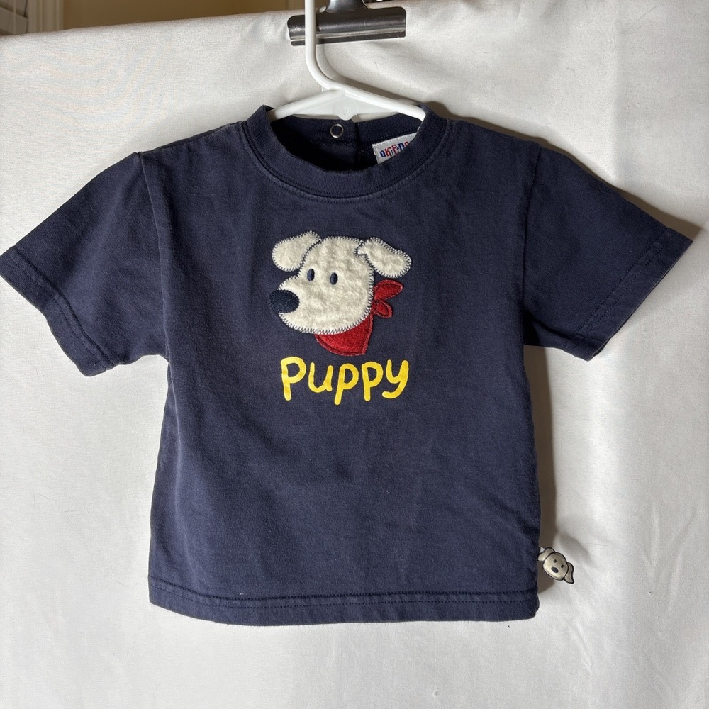 Vtg Okie Dokie Baby Puppy Dog T-shirt Fuzzy Appliqué Navy Cotton 18 M Y2K Retro